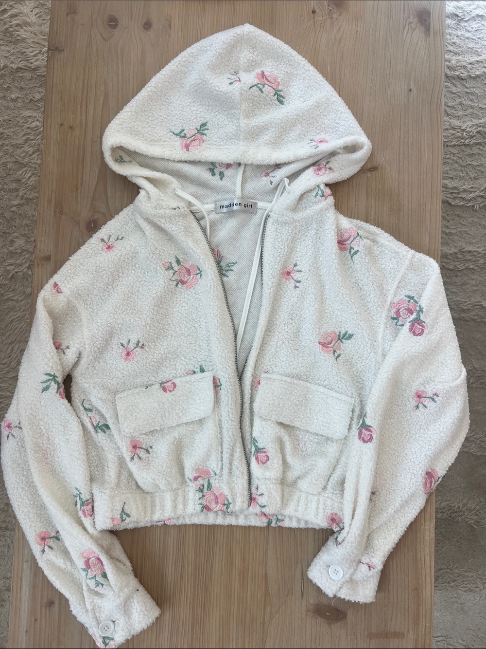 Madden Girl Cream sherpa jacket with pink floral embroidery